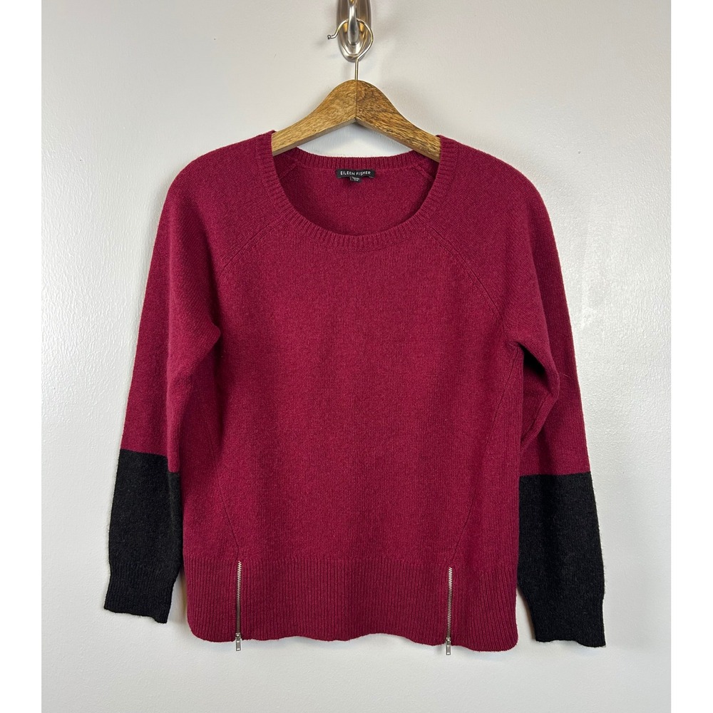 Eileen Fisher Yak Merino Wool Colorblock Sweater‎ Small Red Black Quiet Luxury